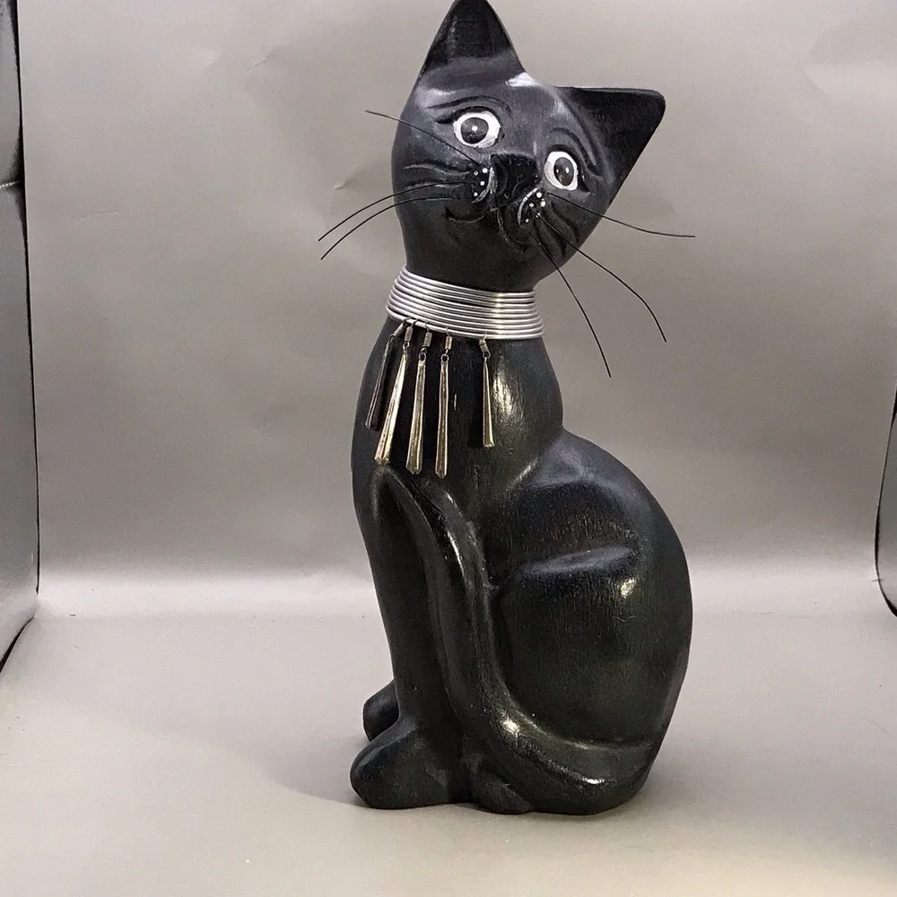 Wooden Black Cat Wearing Egyptian Style Collar 10
